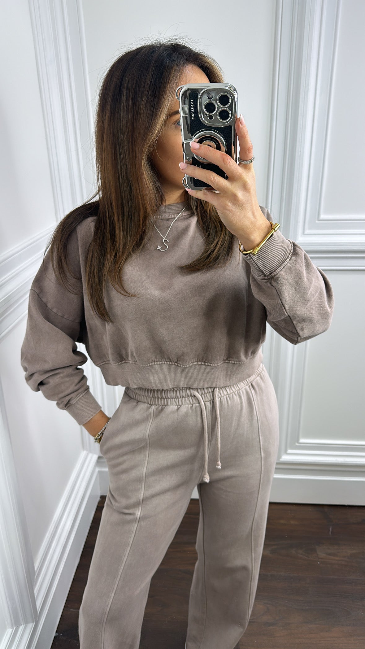 NANCY washed mauve grey cropped jumper & joggers tracksuit