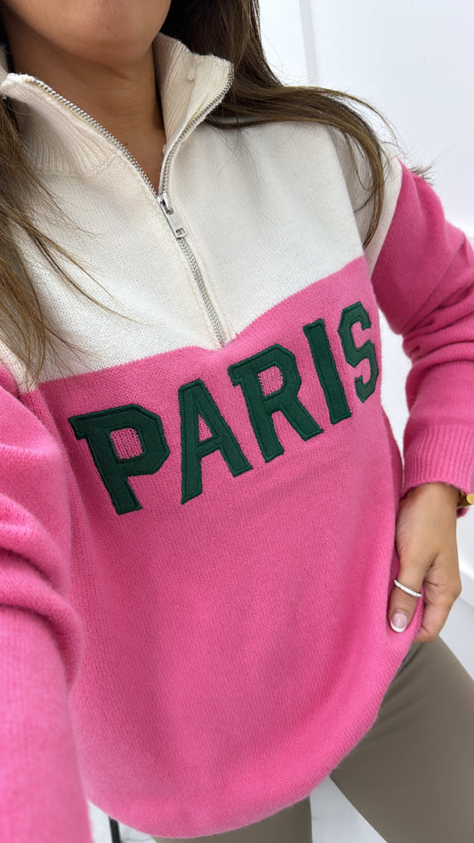 PARIS cream and pink half zip sweater