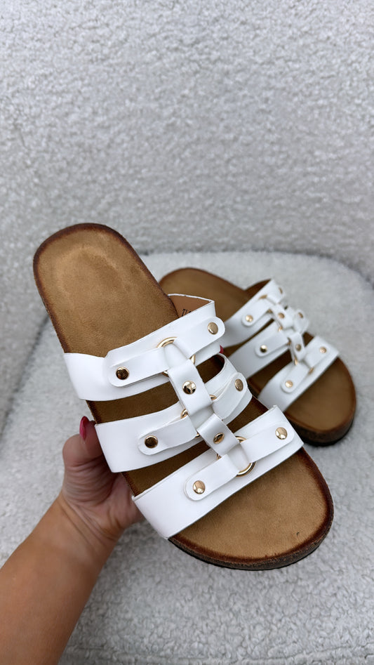 CELINA white slider sandals with gold stud detail