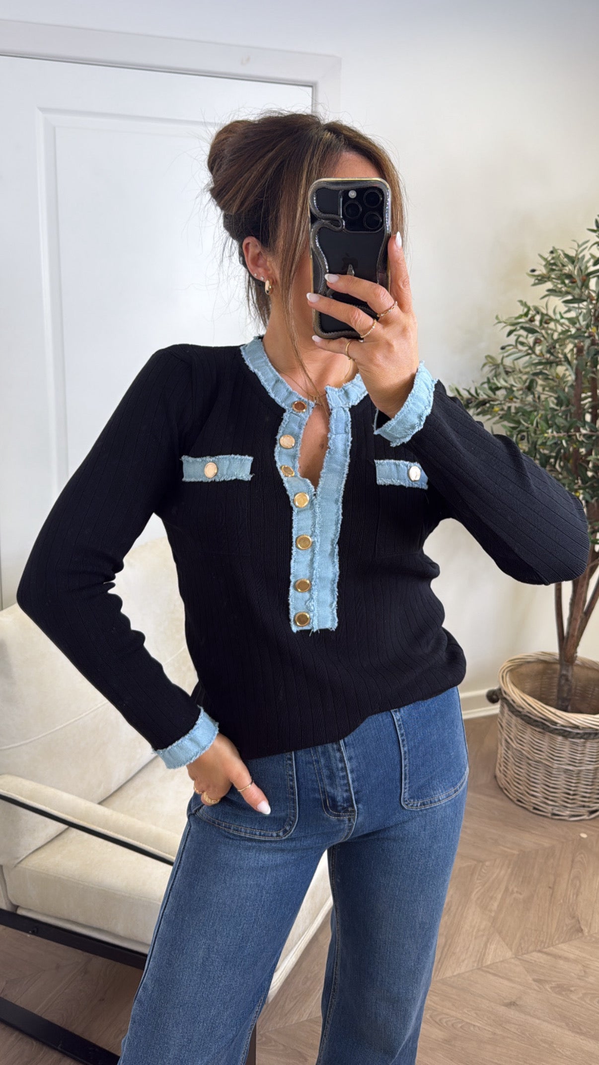 HARLEY black fitted top with denim contrast and gold buttons