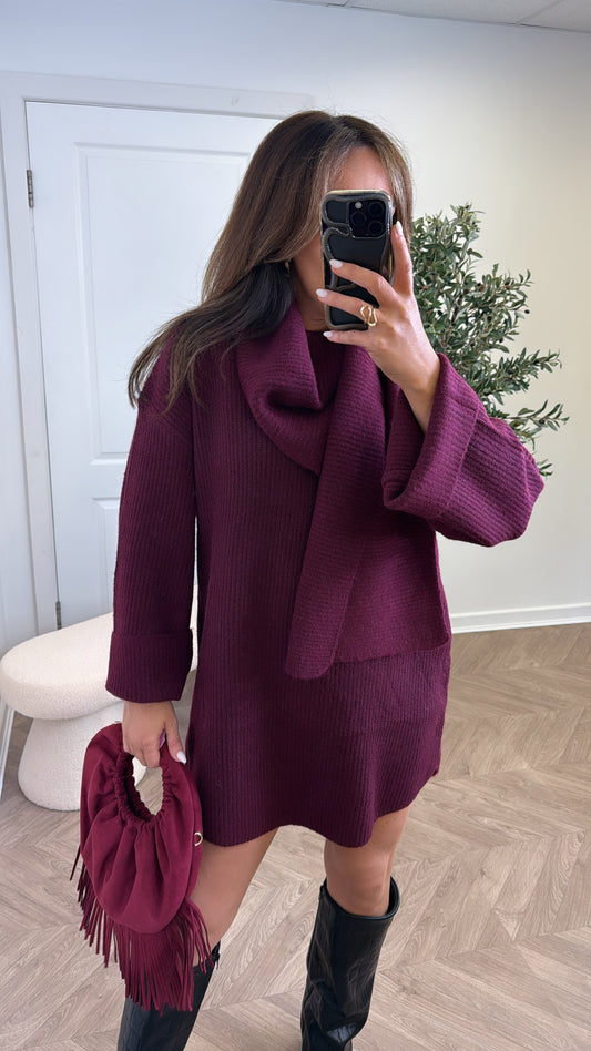 LOTTIE burgundy scarf detail chunky jumper dress