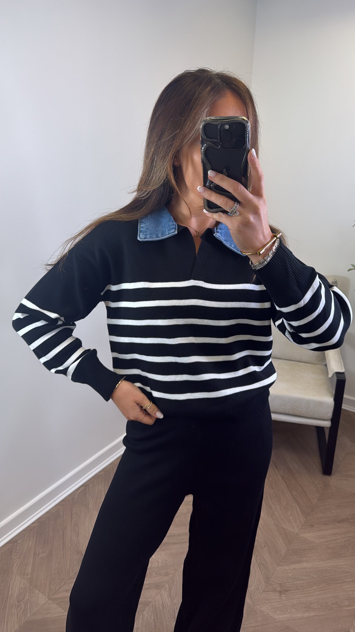JODIE black striped denim contrast knitted lounge set