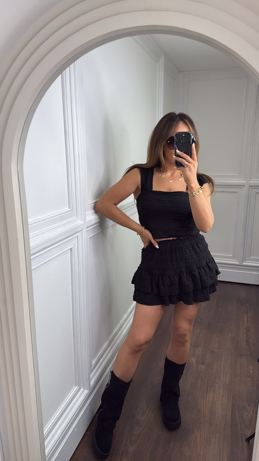 HAYLEY black textured top and skort co-ord