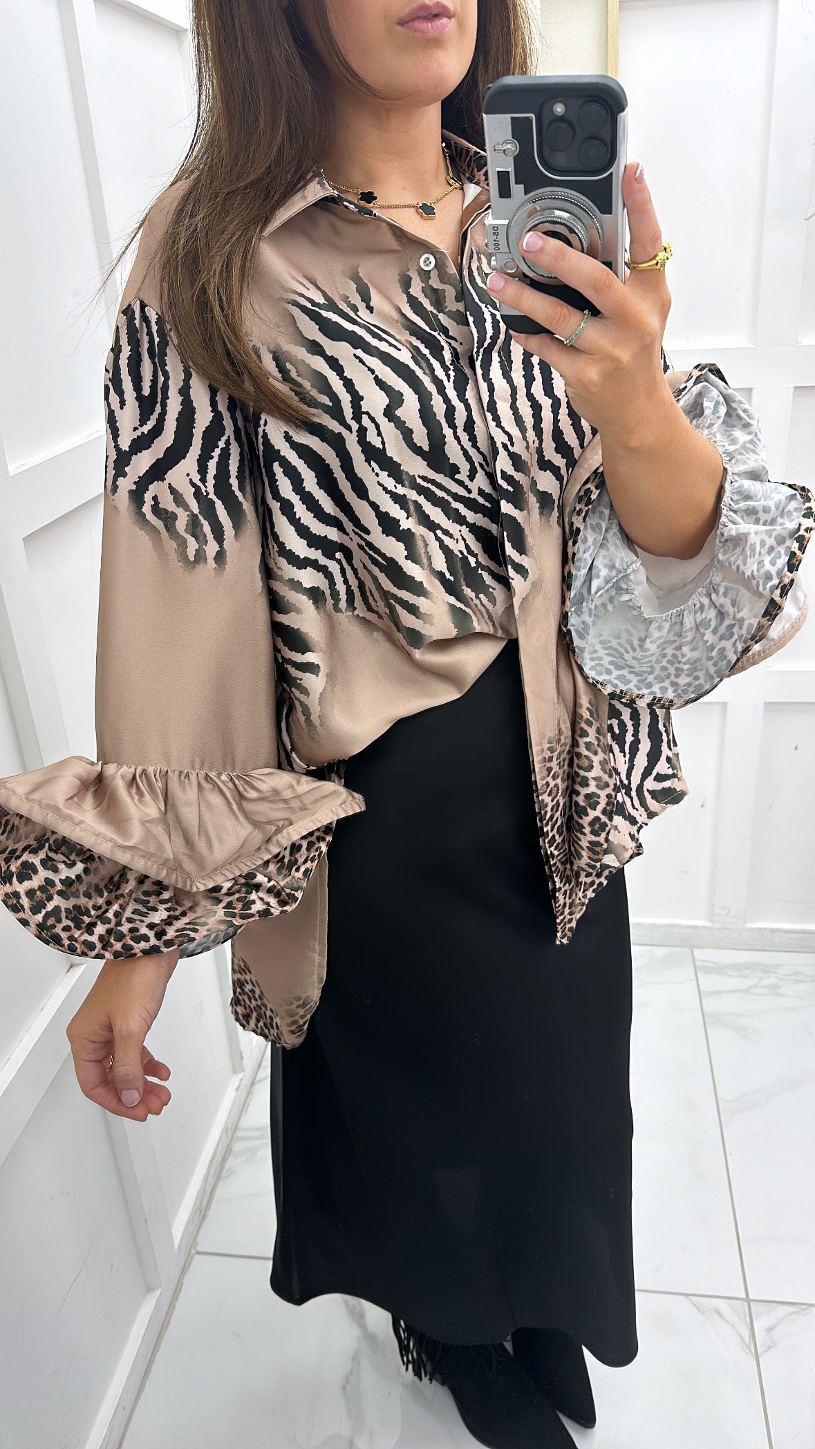 NICOLE gold zebra and leopard print satin shirt with frill sleeves