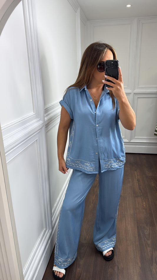 SUZANNA blue embroidered detail top and trousers co-ord