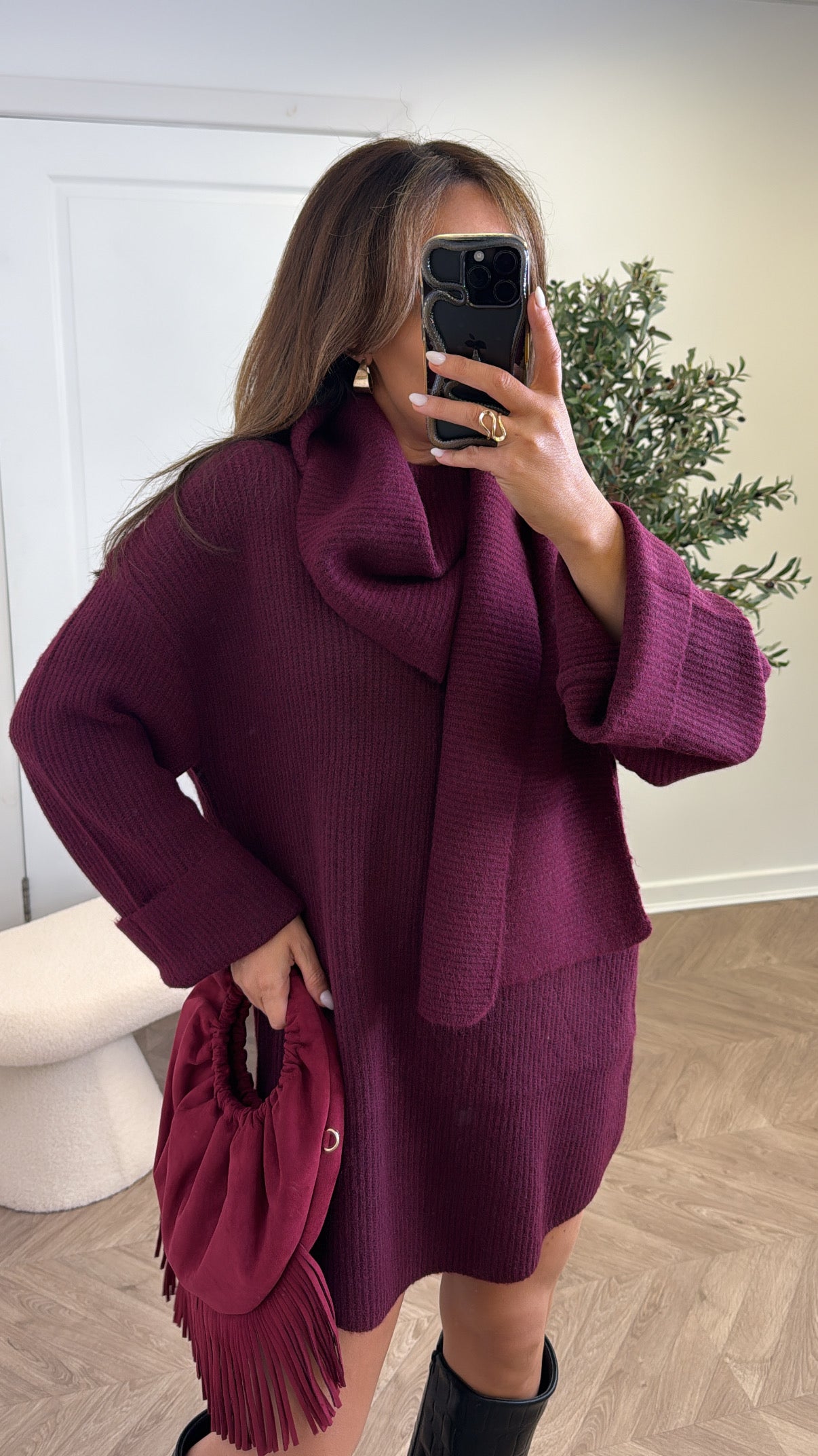 LOTTIE burgundy scarf detail chunky jumper dress