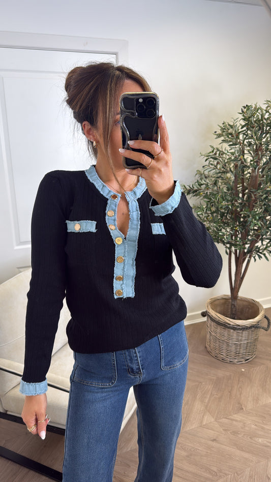 HARLEY black fitted top with denim contrast and gold buttons