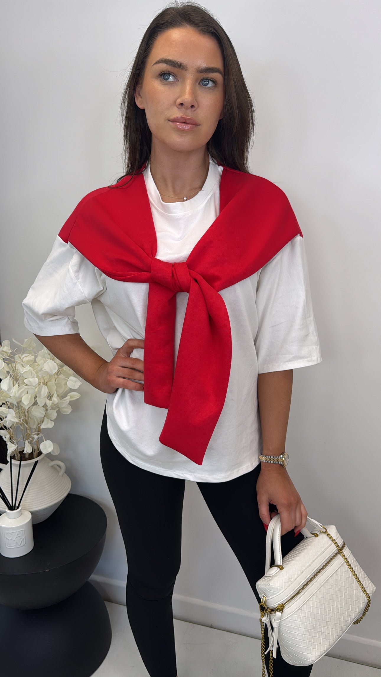 OPAL red and white t-shirt with tie detail