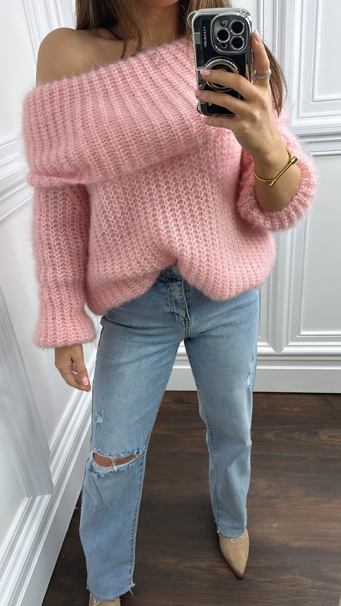 EMILY pale pink off the shoulder fluffy jumper