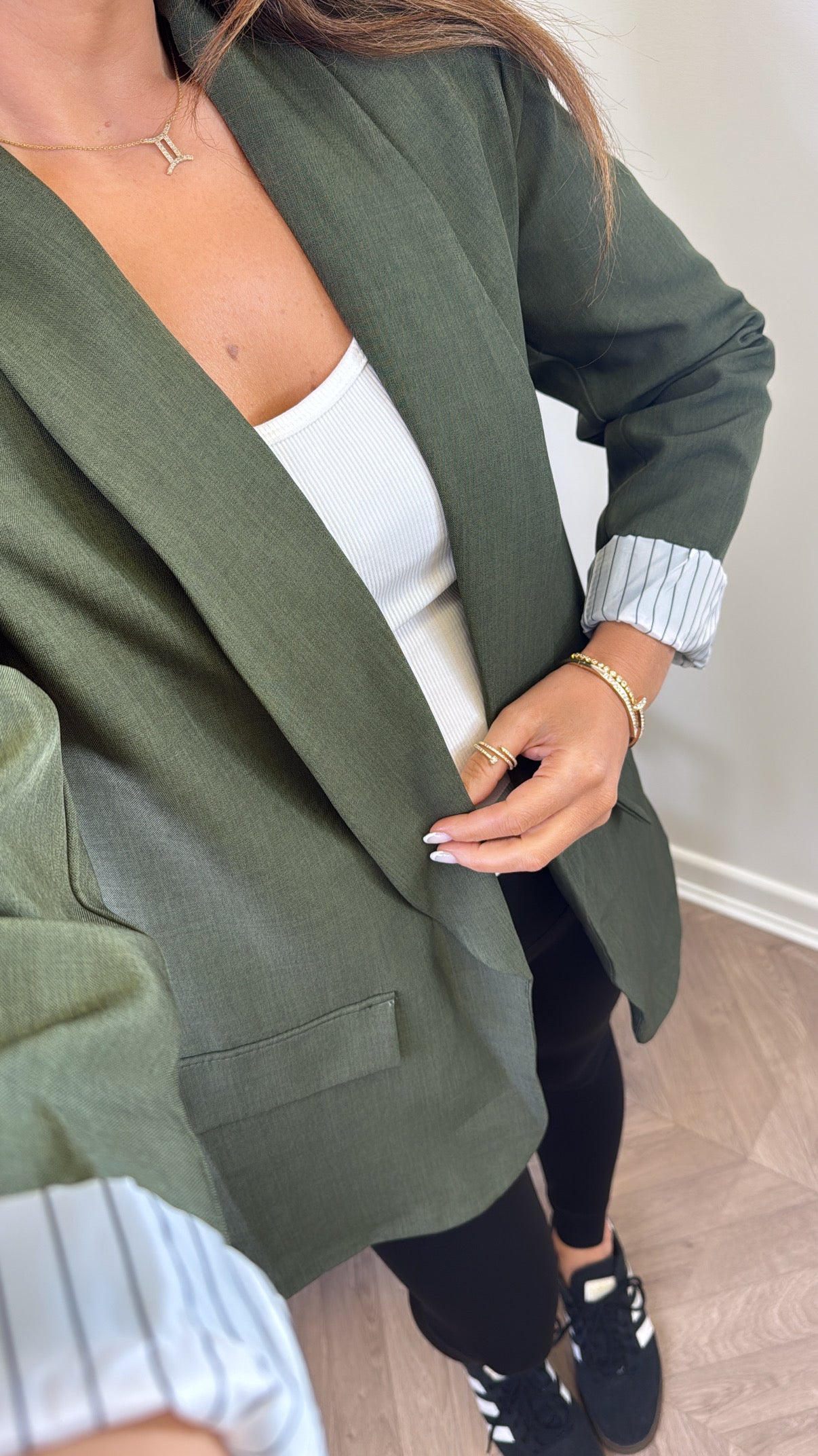 JENNIFER khaki blazer with pinstripe cuff