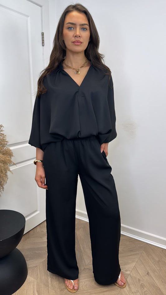 AVRIL black chiffon top and trousers co-ord set