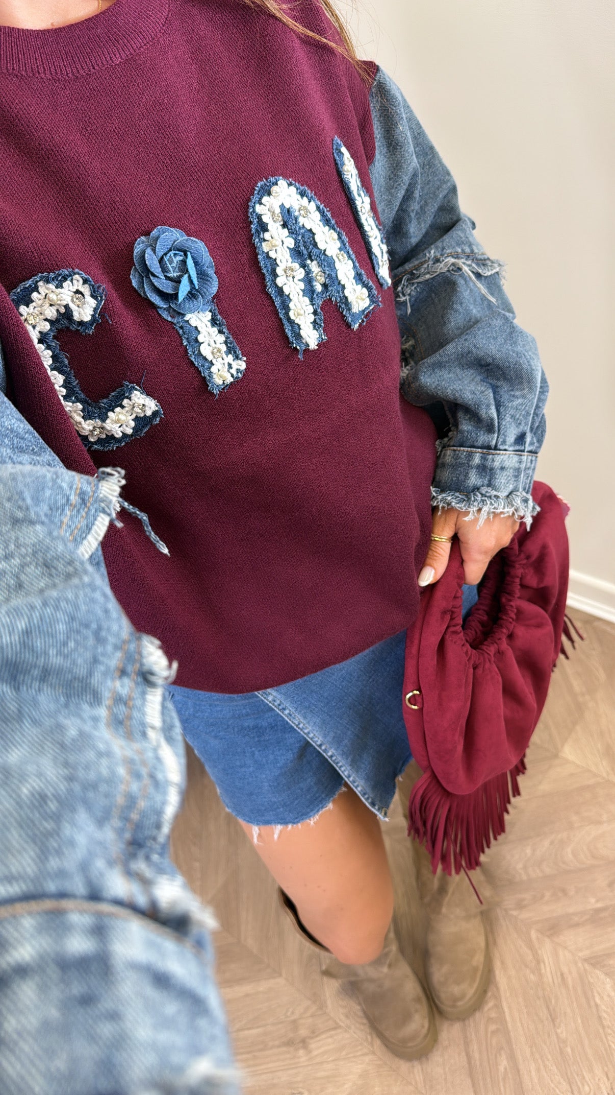 CIAO burgundy denim contrast logo jumper