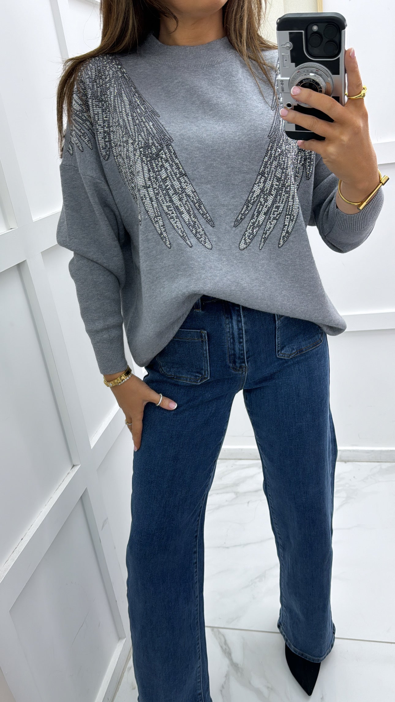 SHARNA grey embellished angel wing jumper