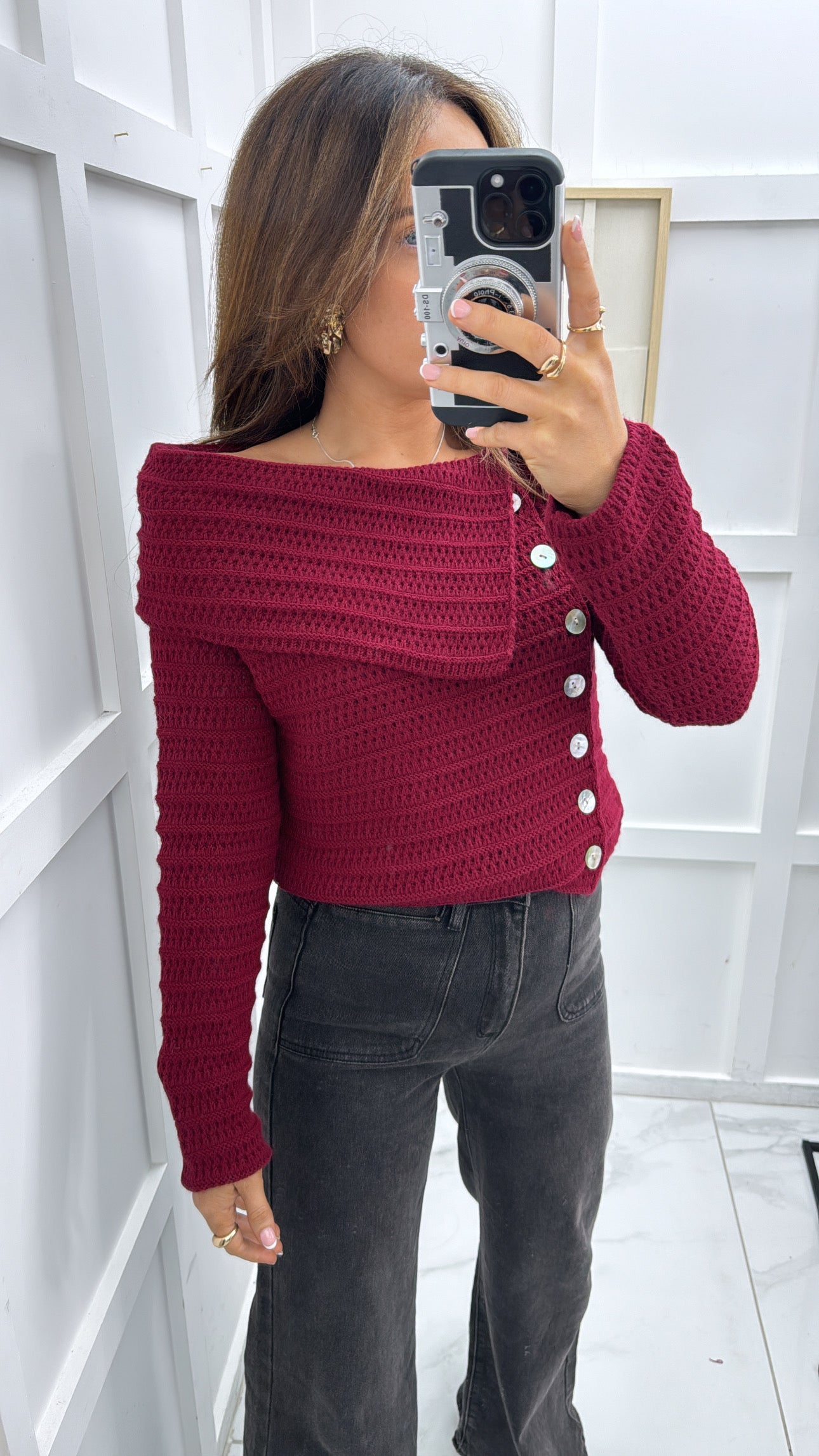 AVERY burgundy bardot knitted button jumper