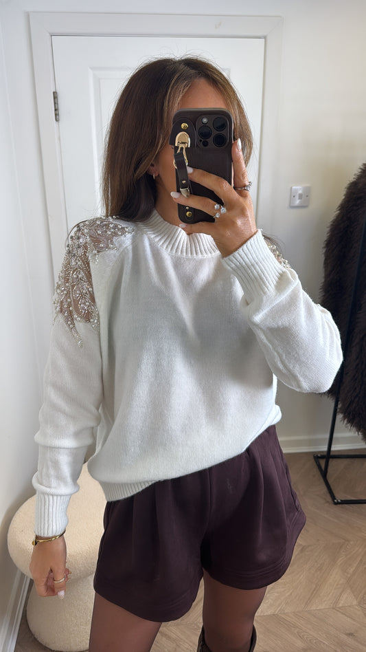 ALIYAH white jumper with embellished sleeves