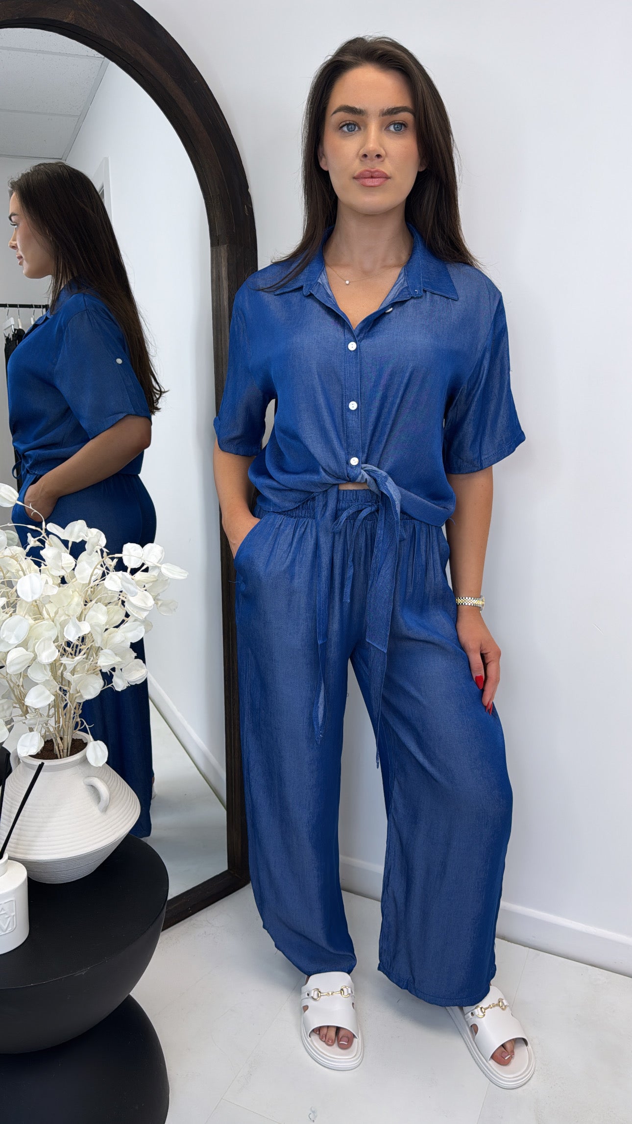 RHEA dark blue denim effect shirt and trouser co-ord