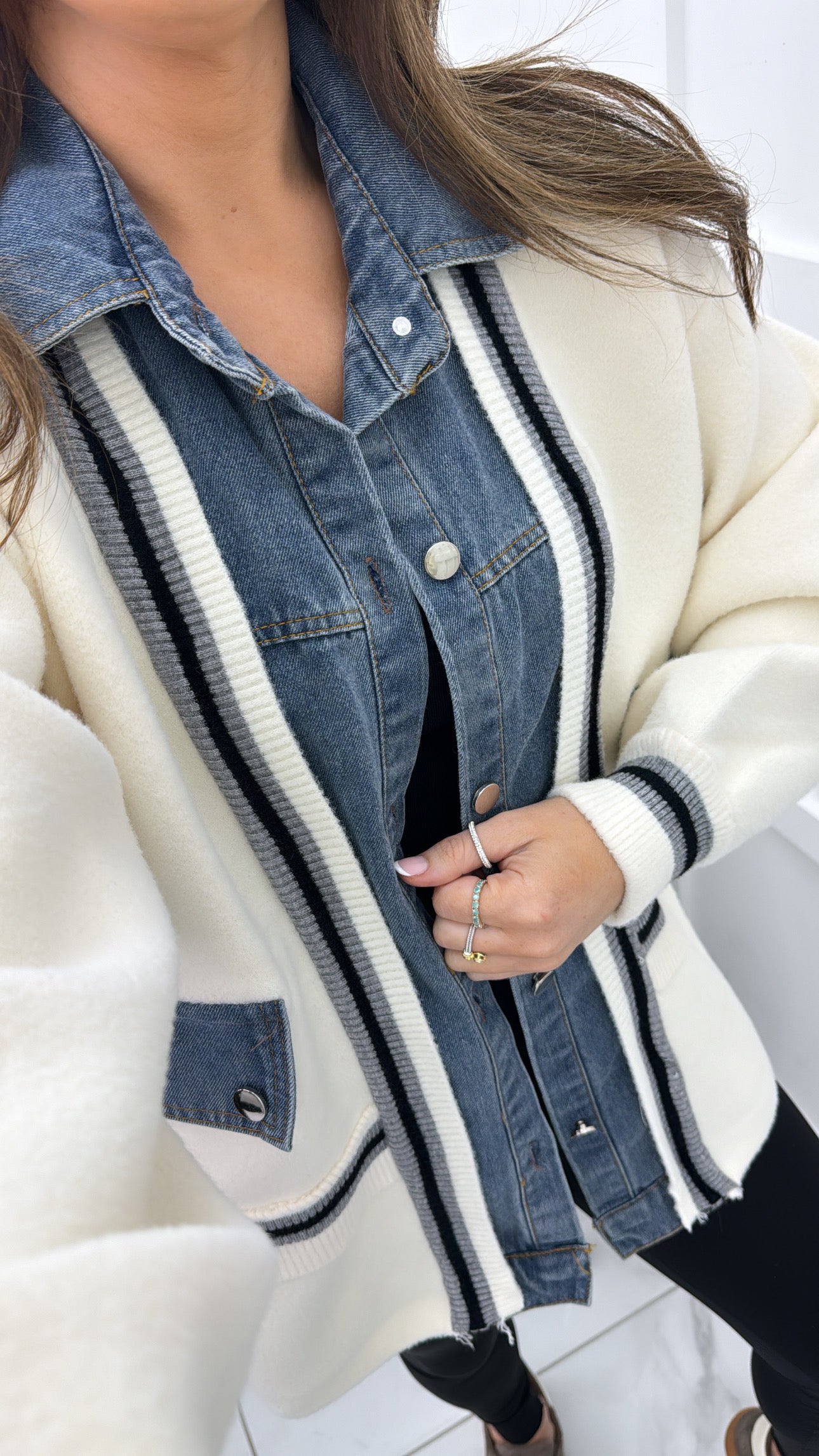 TAYA cream soft knit denim detail cardigan