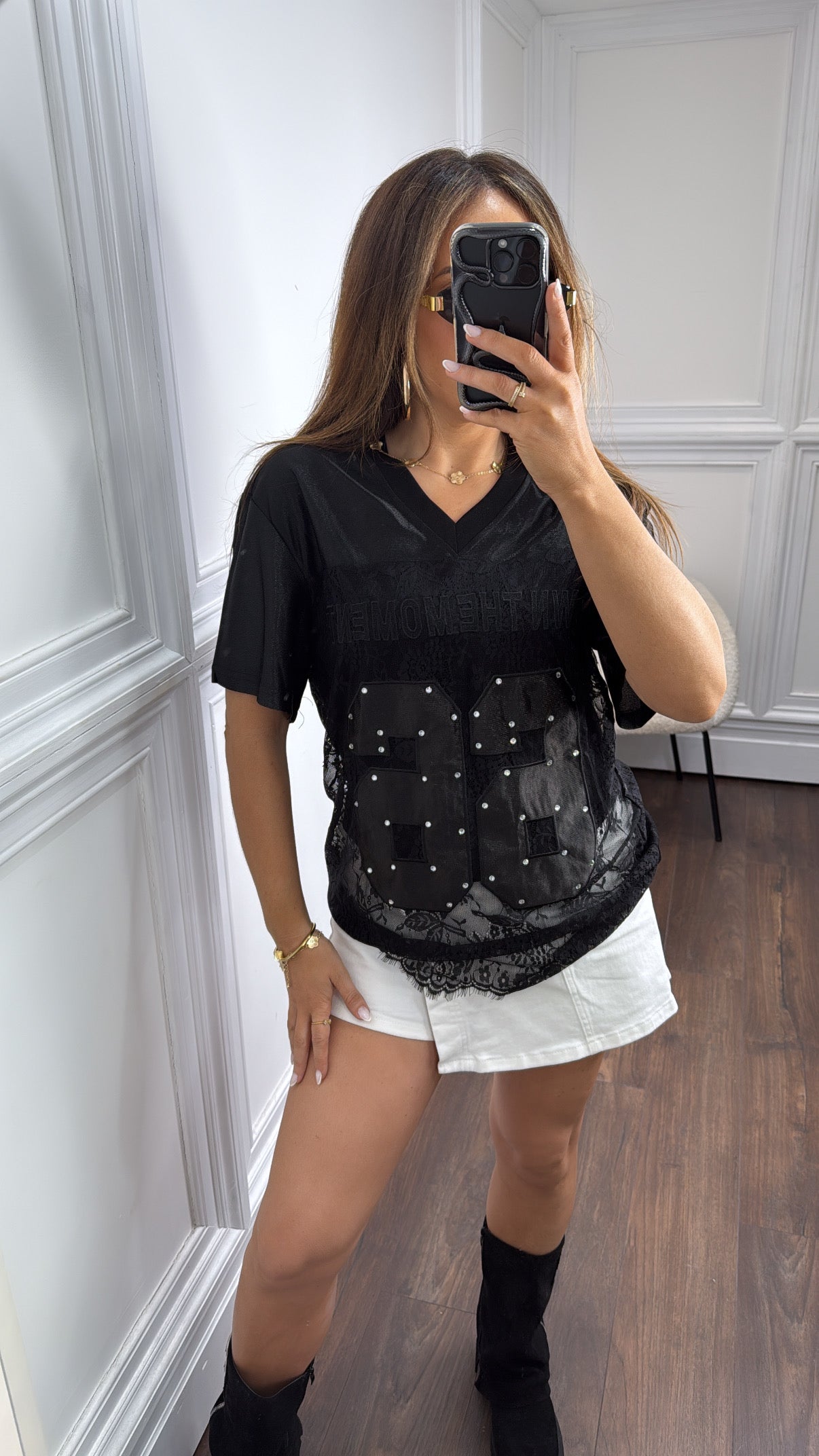 OWN THE MOMENT black lace basketball top