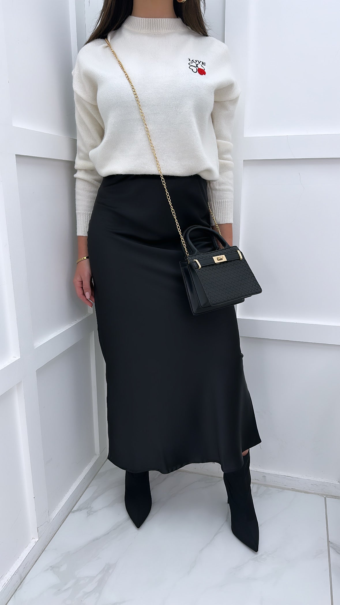KATE black silky midi skirt