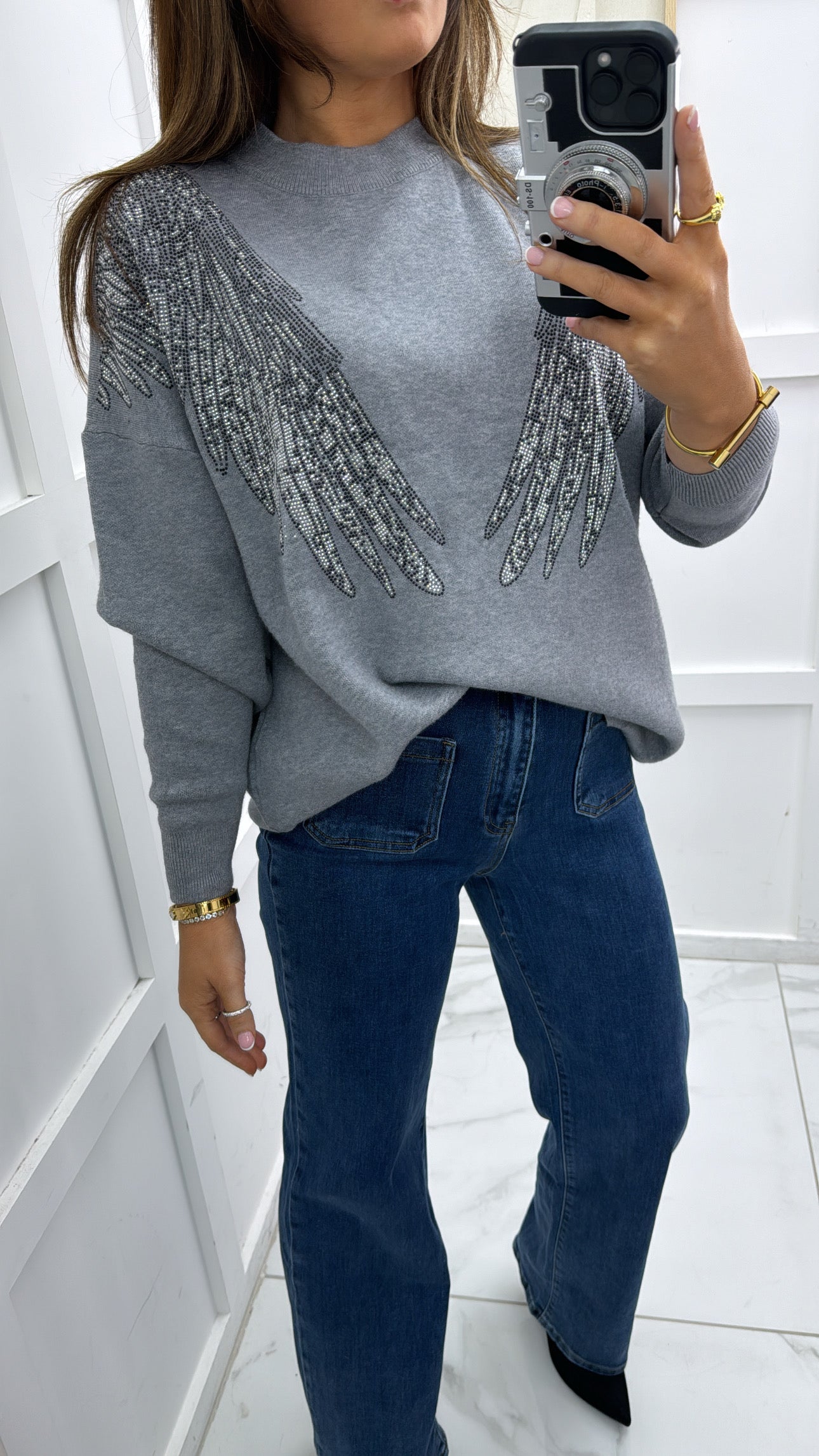 SHARNA grey embellished angel wing jumper