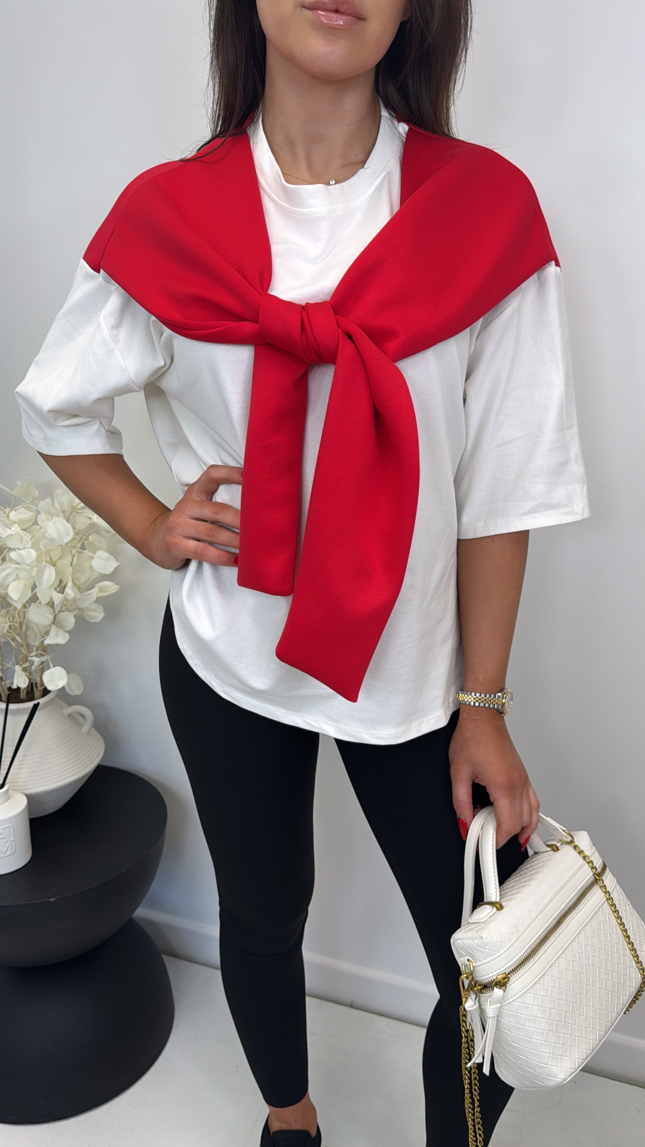 OPAL red and white t-shirt with tie detail