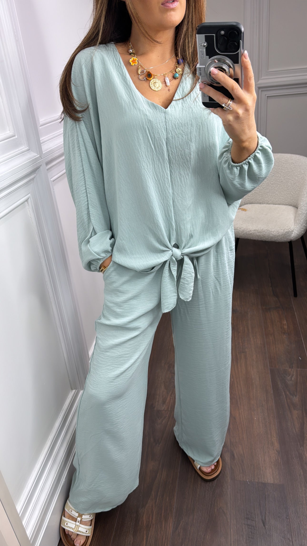 JENNIFER spearmint chiffon tie top and trousers co-ord set