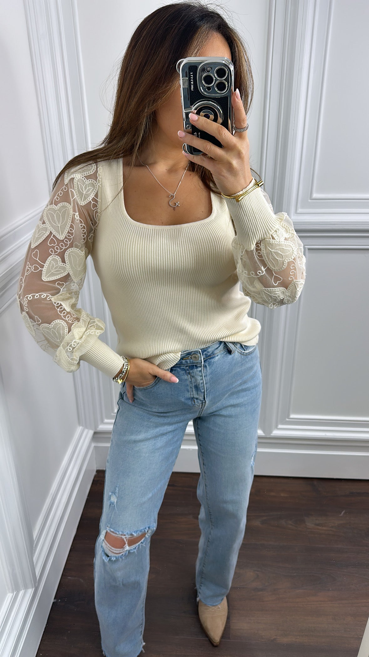 MILA cream sheer sleeve top with heart embroidery