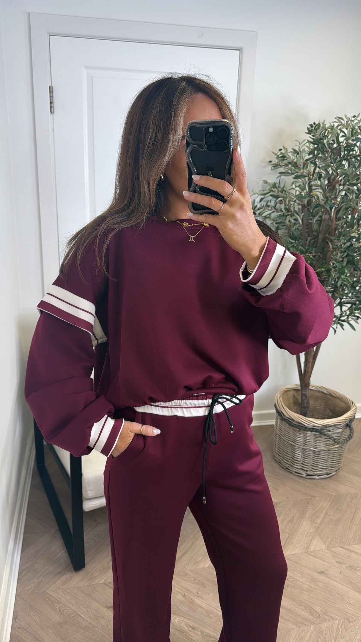 GINA cherry red contrast stripe top and wide leg joggers tracksuit