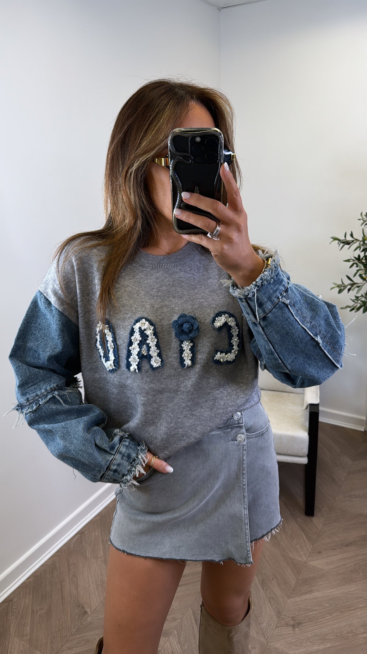 CIAO grey denim contrast logo jumper