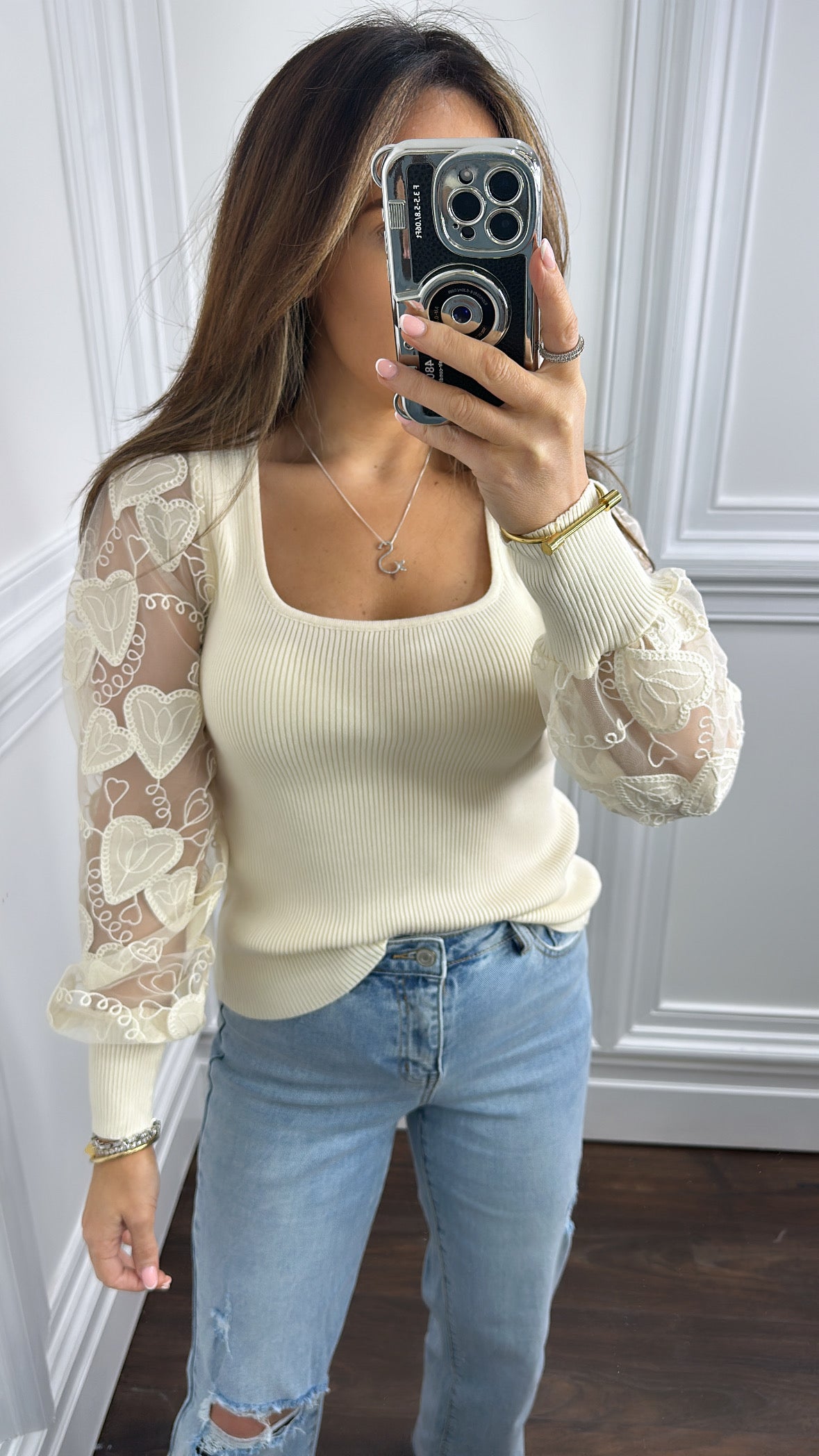 MILA cream sheer sleeve top with heart embroidery