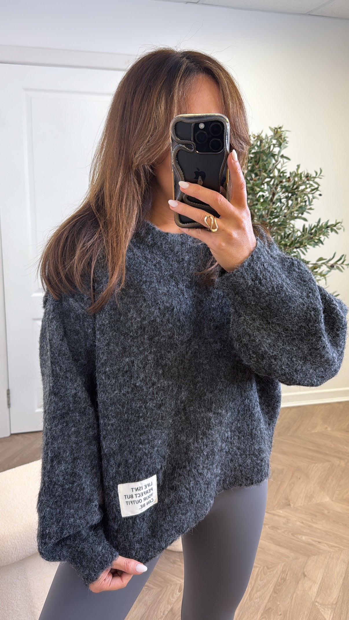 PIPER charcoal life slogan soft knit jumper