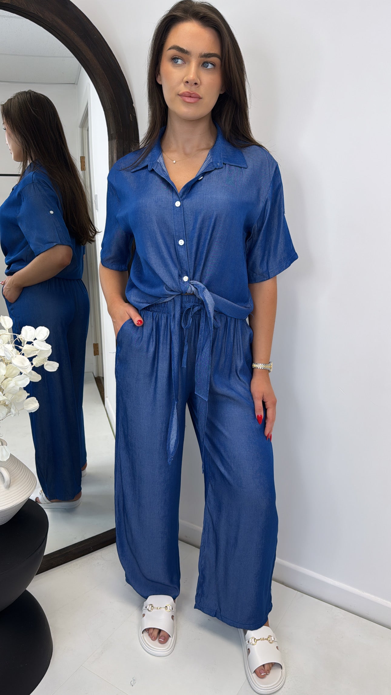 RHEA dark blue denim effect shirt and trouser co-ord