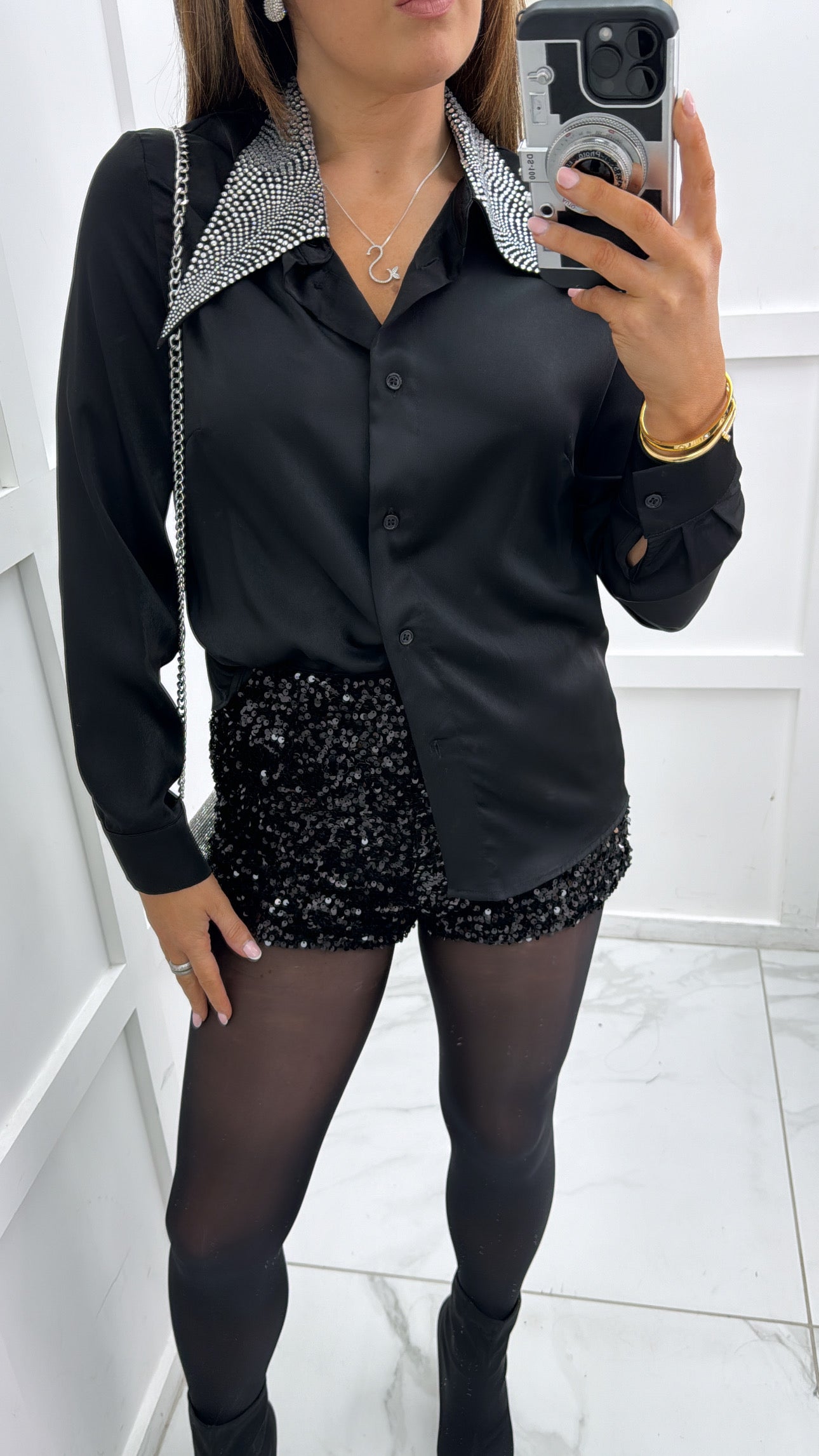 DEENA black satin blouse with silver stud detail