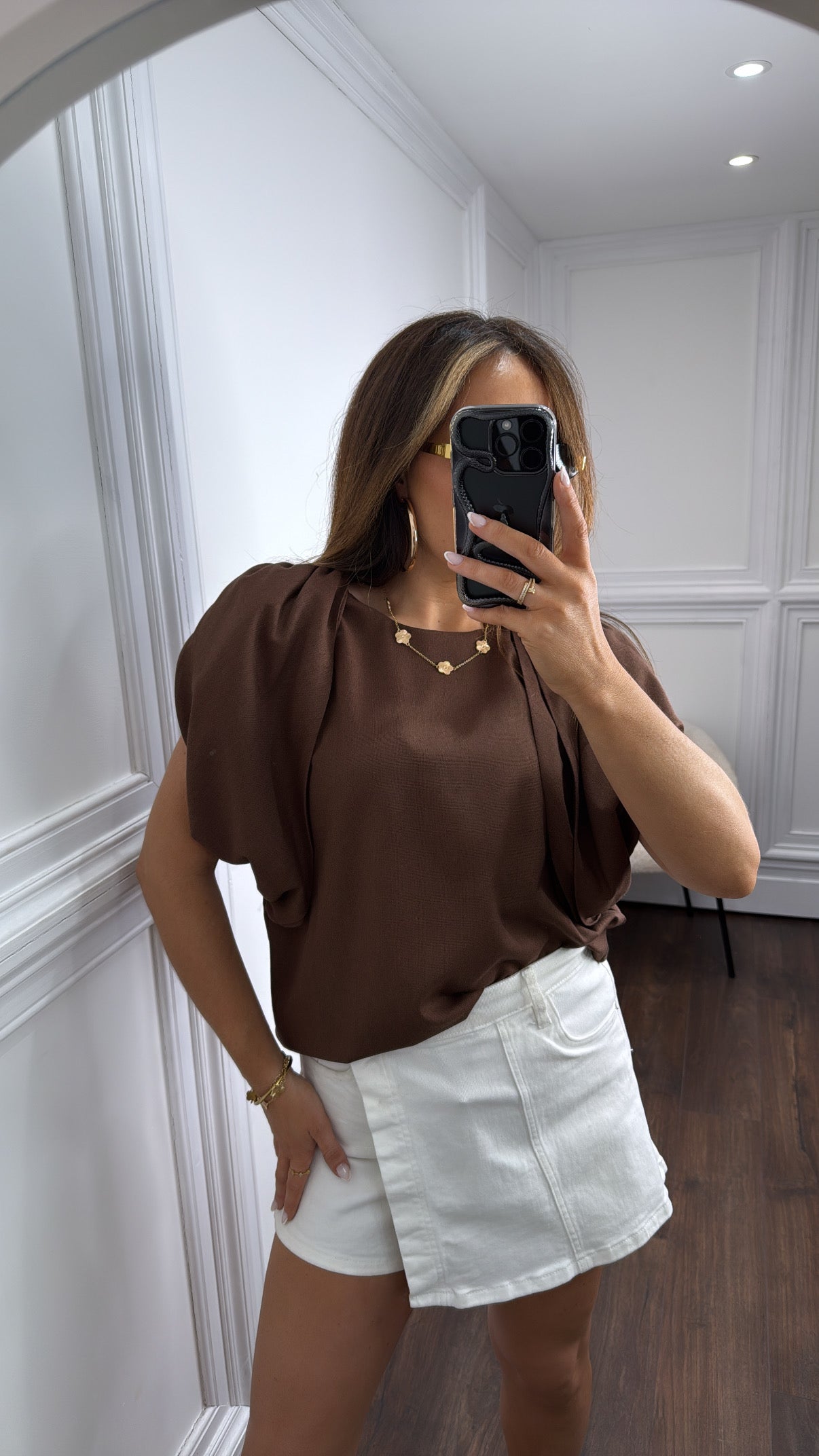 IVY brown linen look drape detail top
