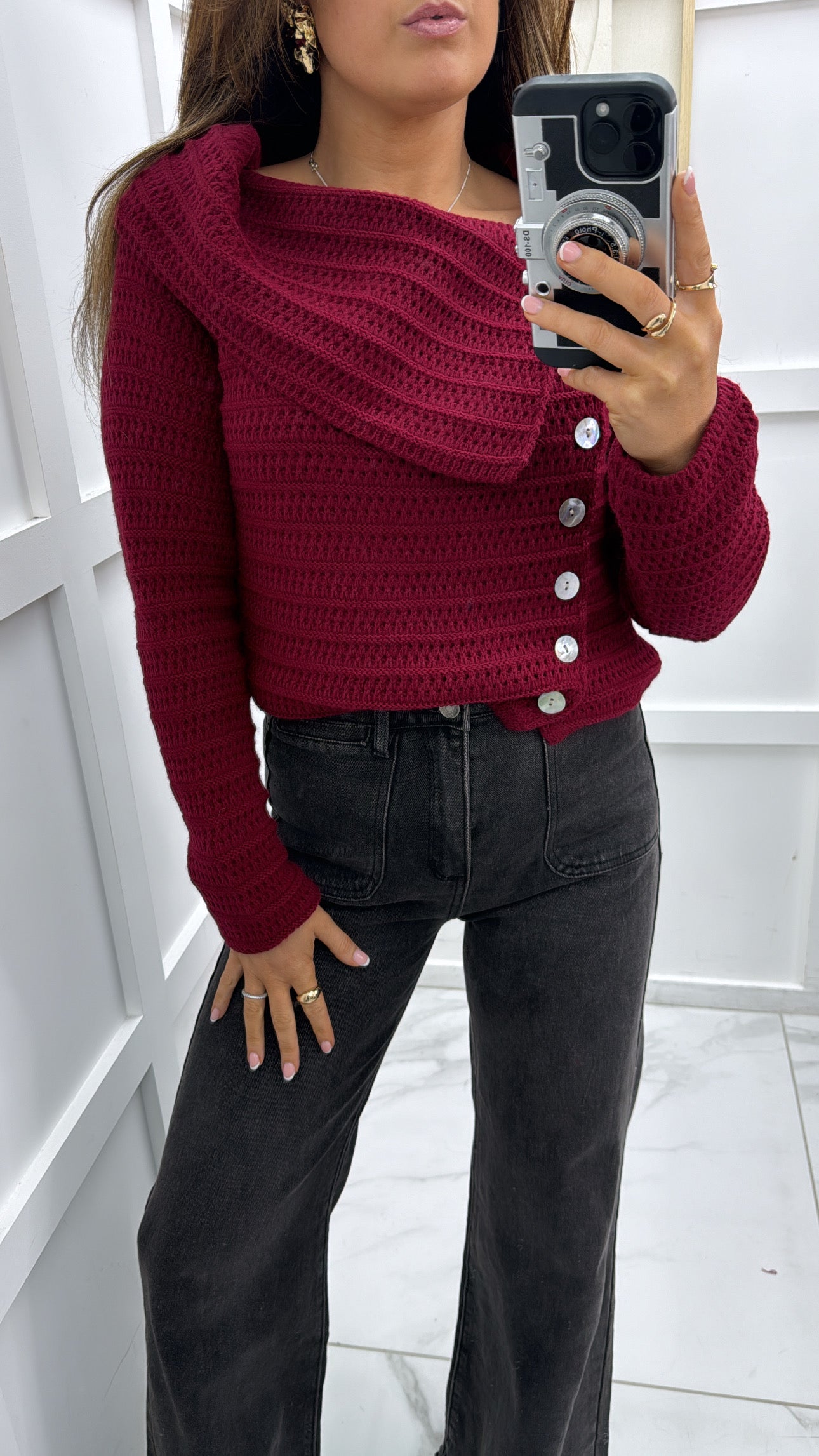 AVERY burgundy bardot knitted button jumper