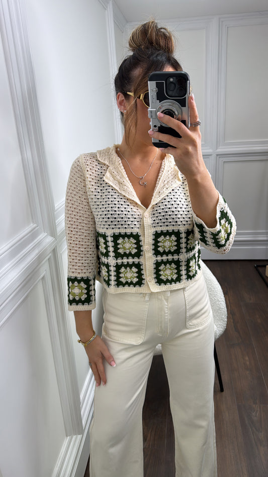 KAMI green and cream crochet button top