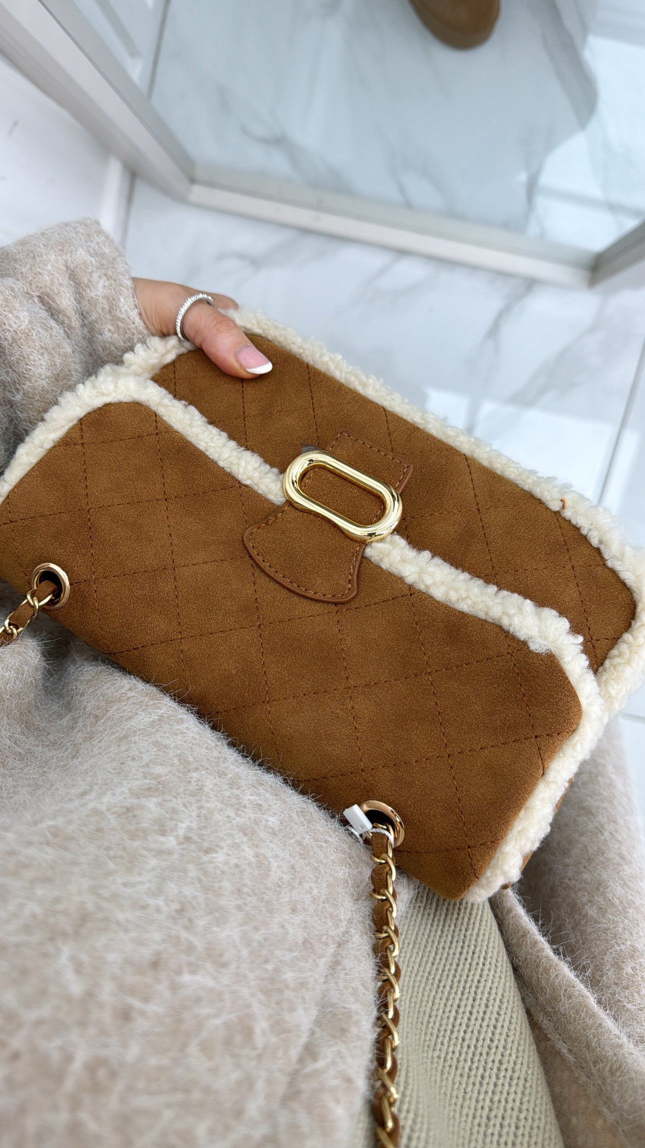 MISHA camel borg detail cross body bag