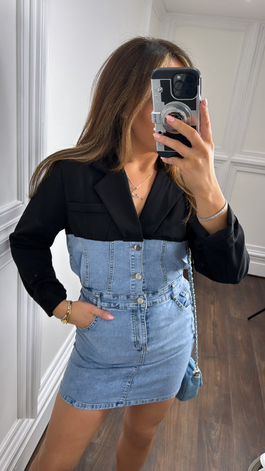 LUCIE blue denim dress with blazer collar