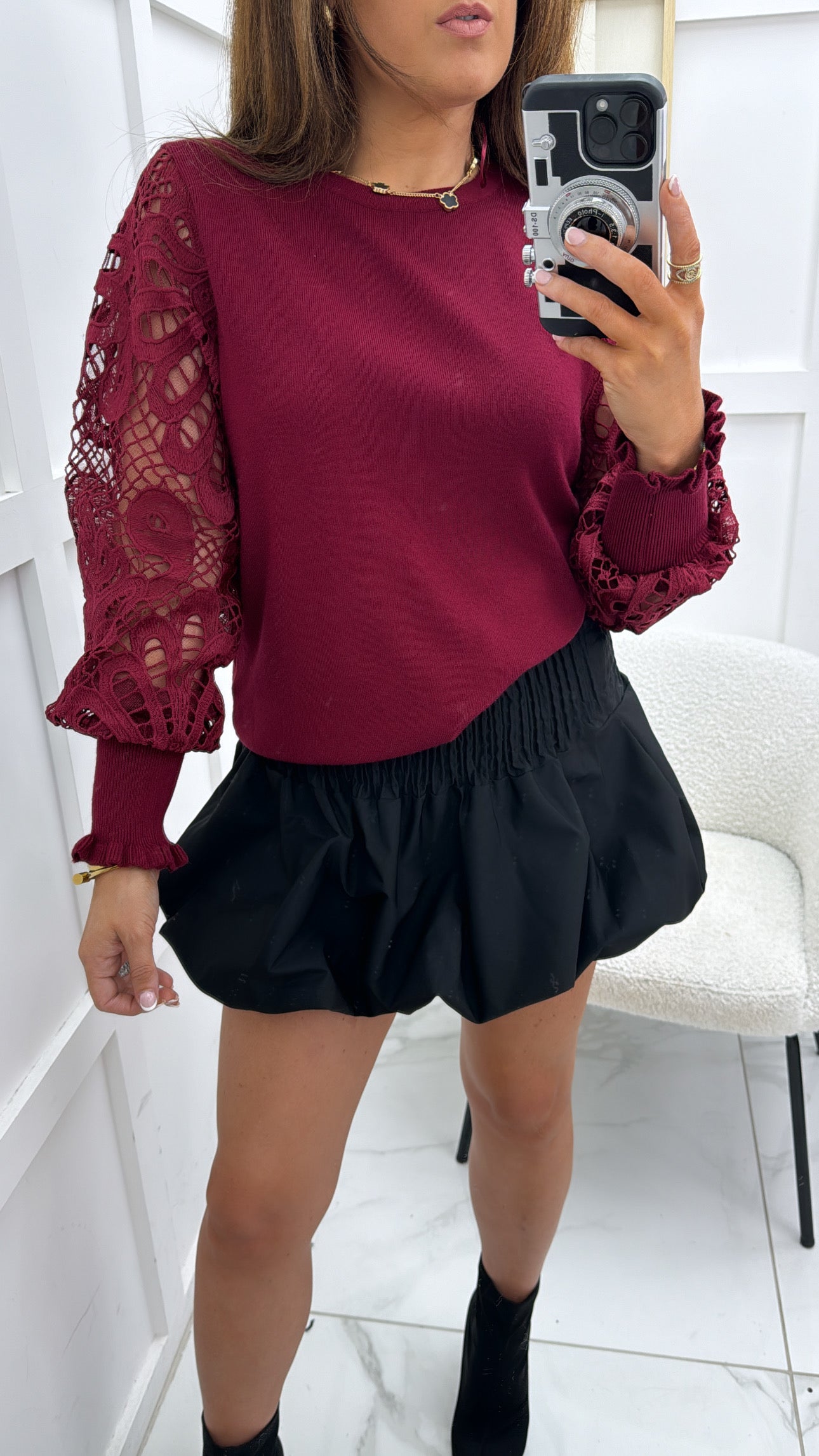 LARA burgundy crochet sleeve fine knit jumper