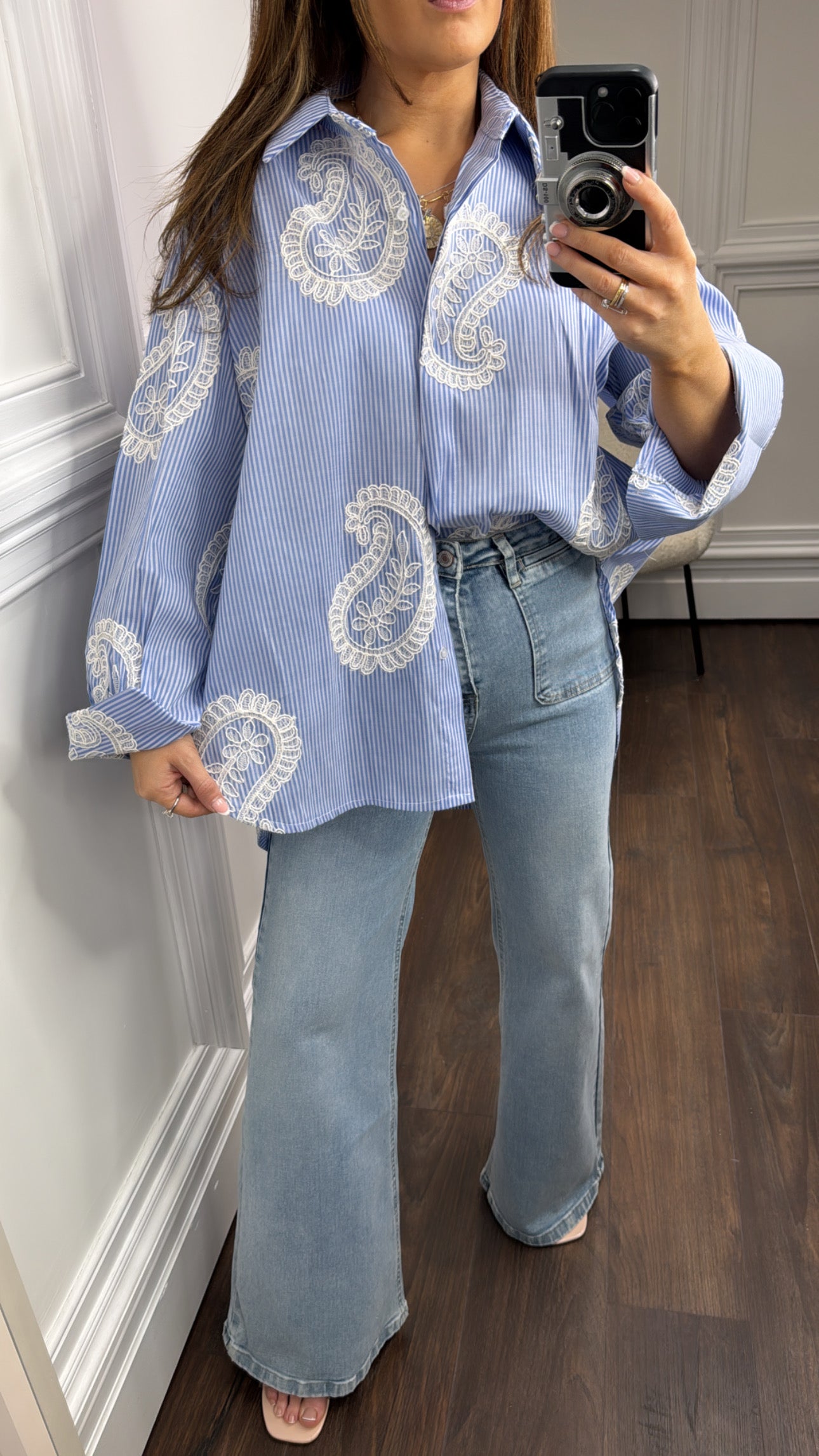 LOLA blue stripe stitched paisley print shirt