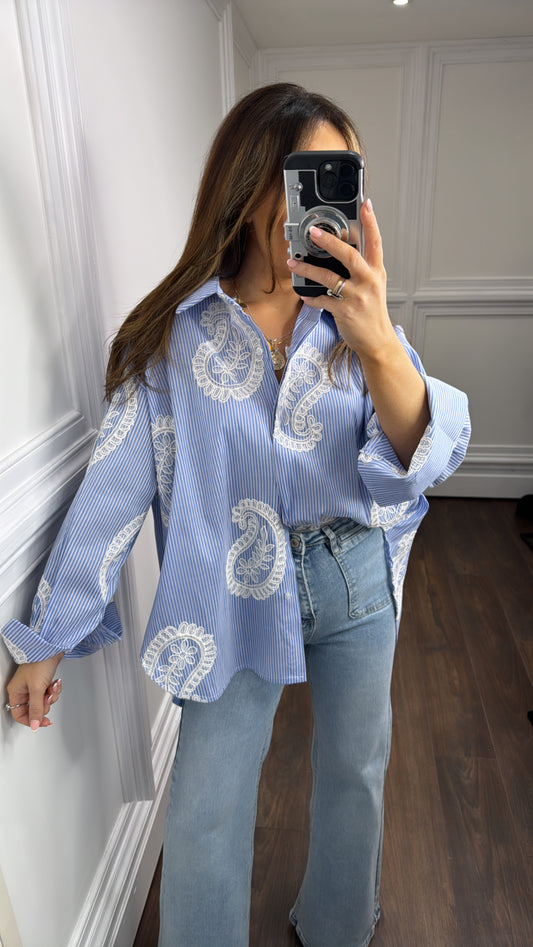 LOLA blue stripe stitched paisley print shirt