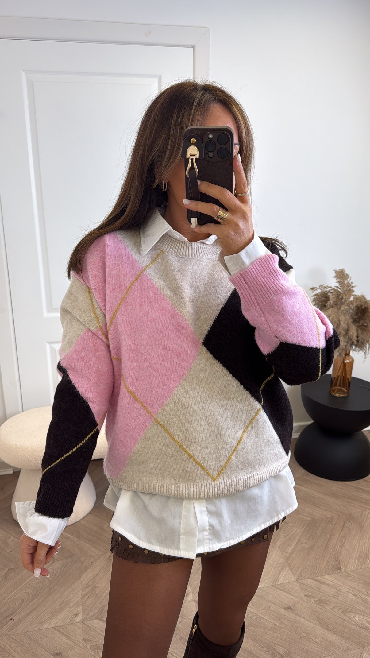 POPPY beige and pink argyle jumper