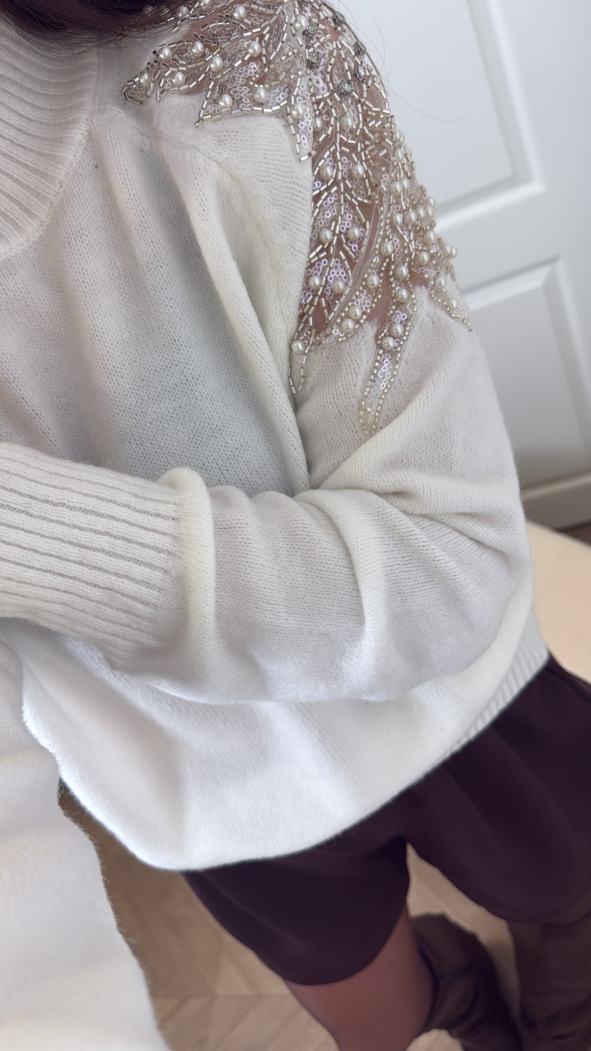 ALIYAH white jumper with embellished sleeves