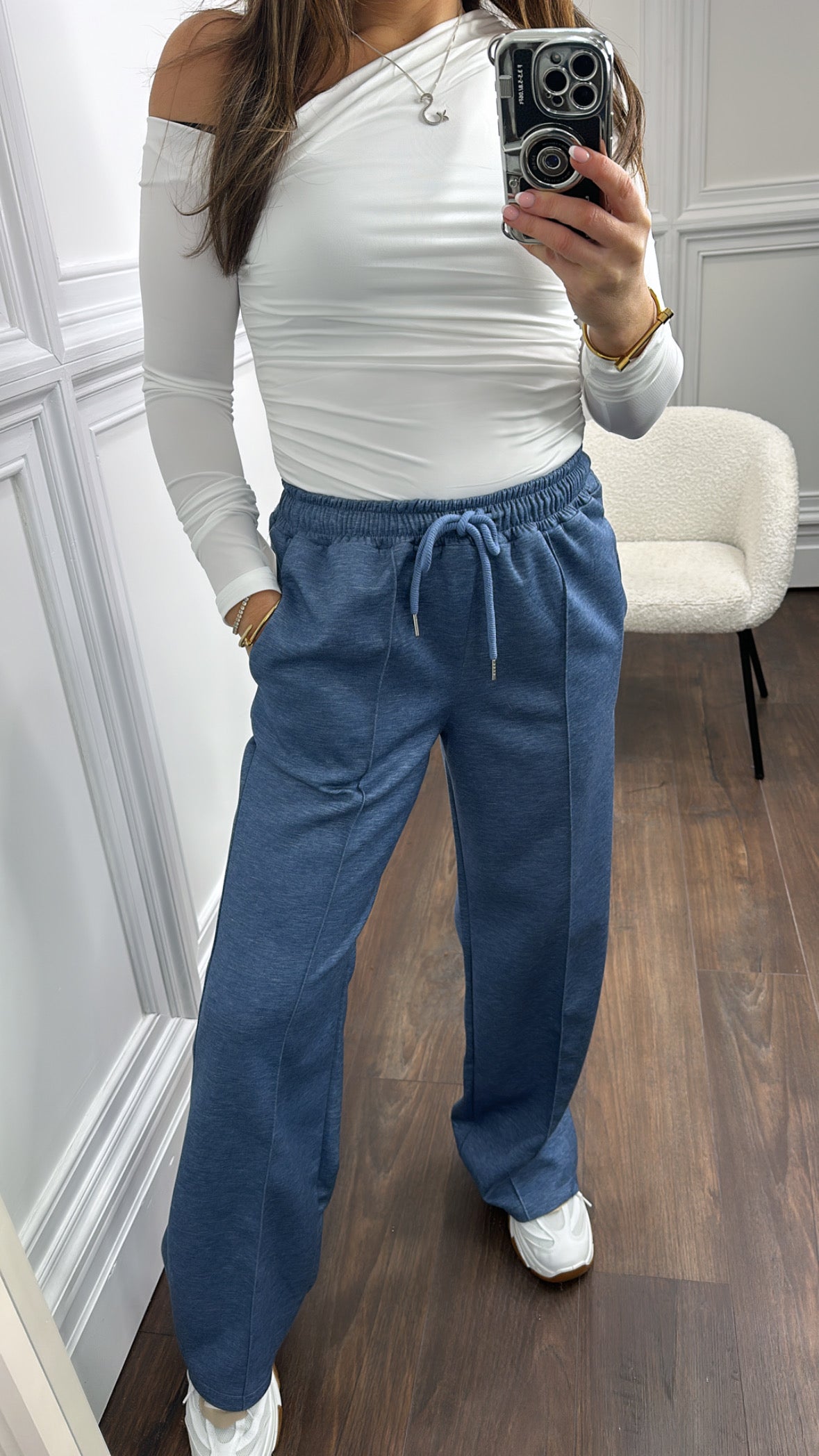 KYLIE denim blue super soft jogger with exposed seam detail