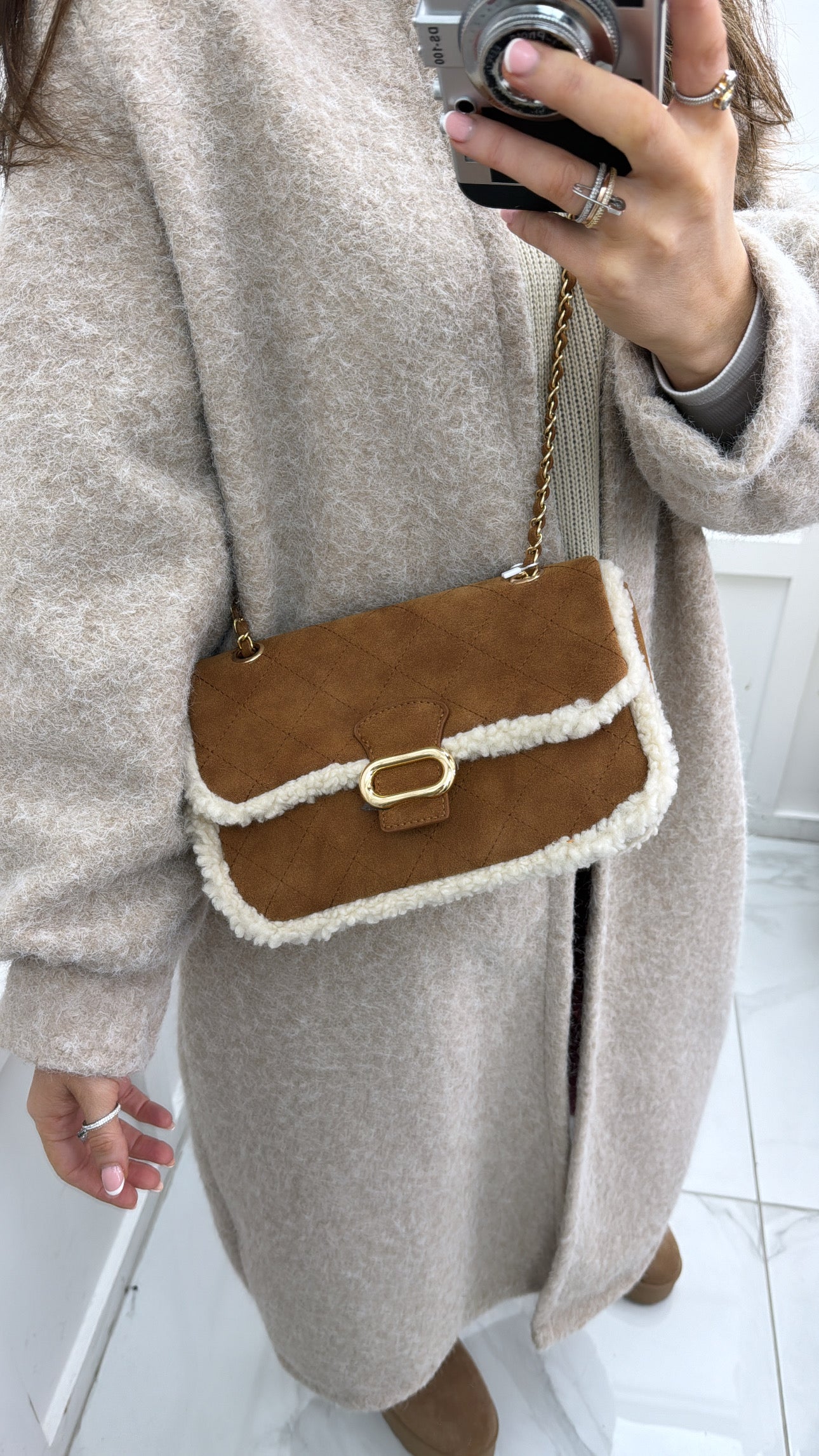 MISHA camel borg detail cross body bag