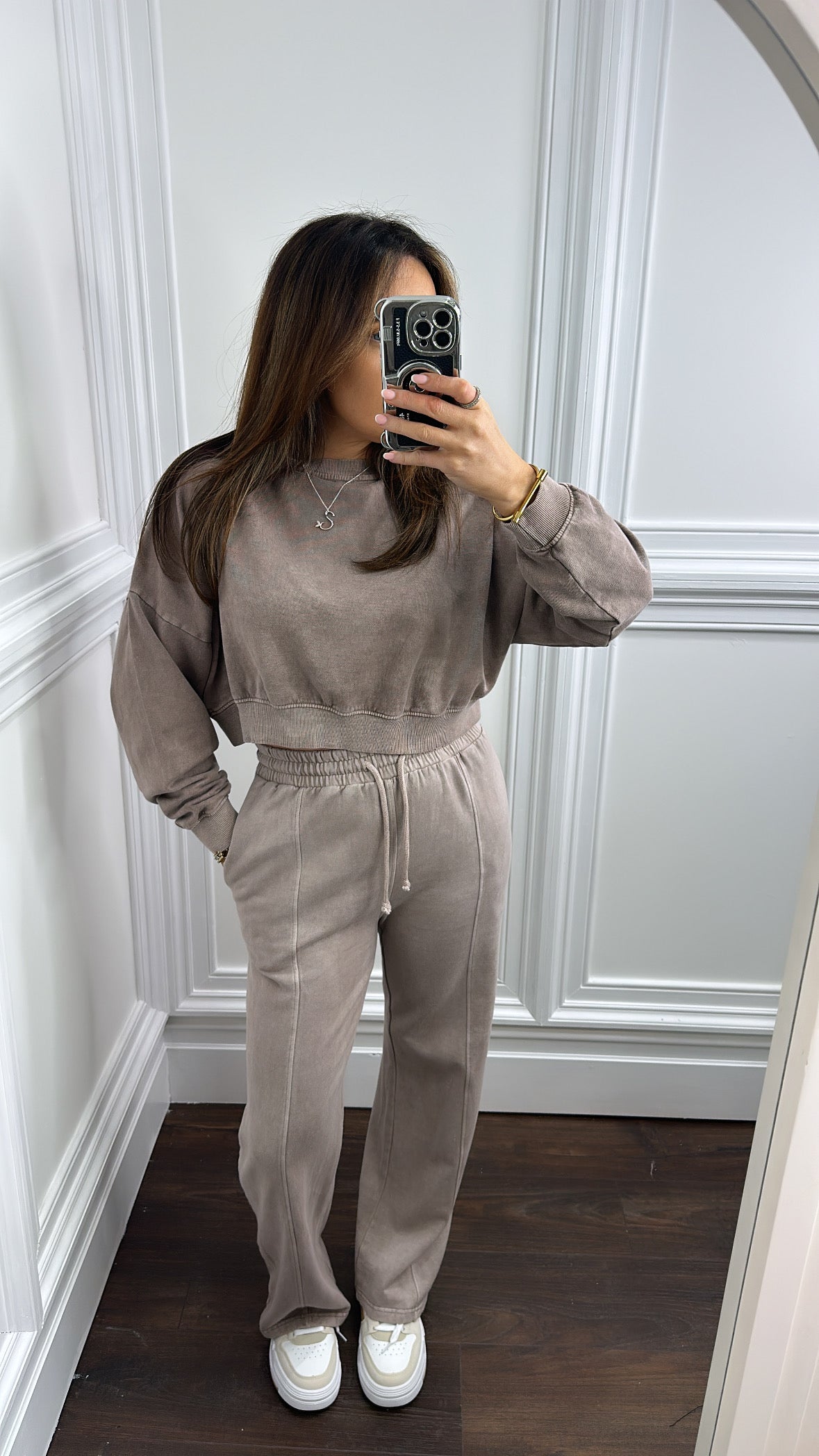 NANCY washed mauve grey cropped jumper & joggers tracksuit