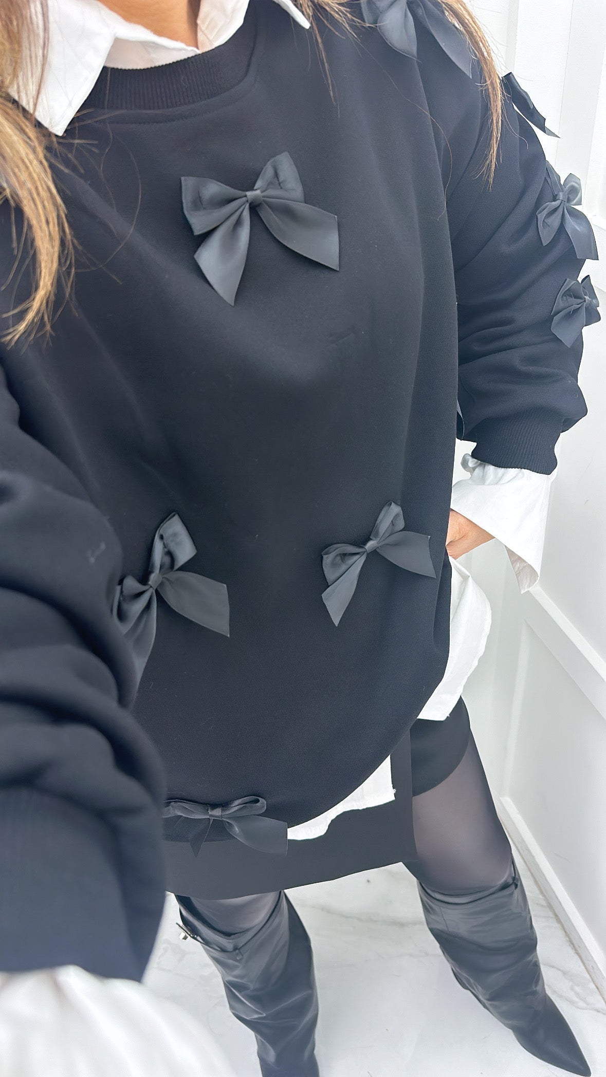 BELLA black jumper with black ribbon bows