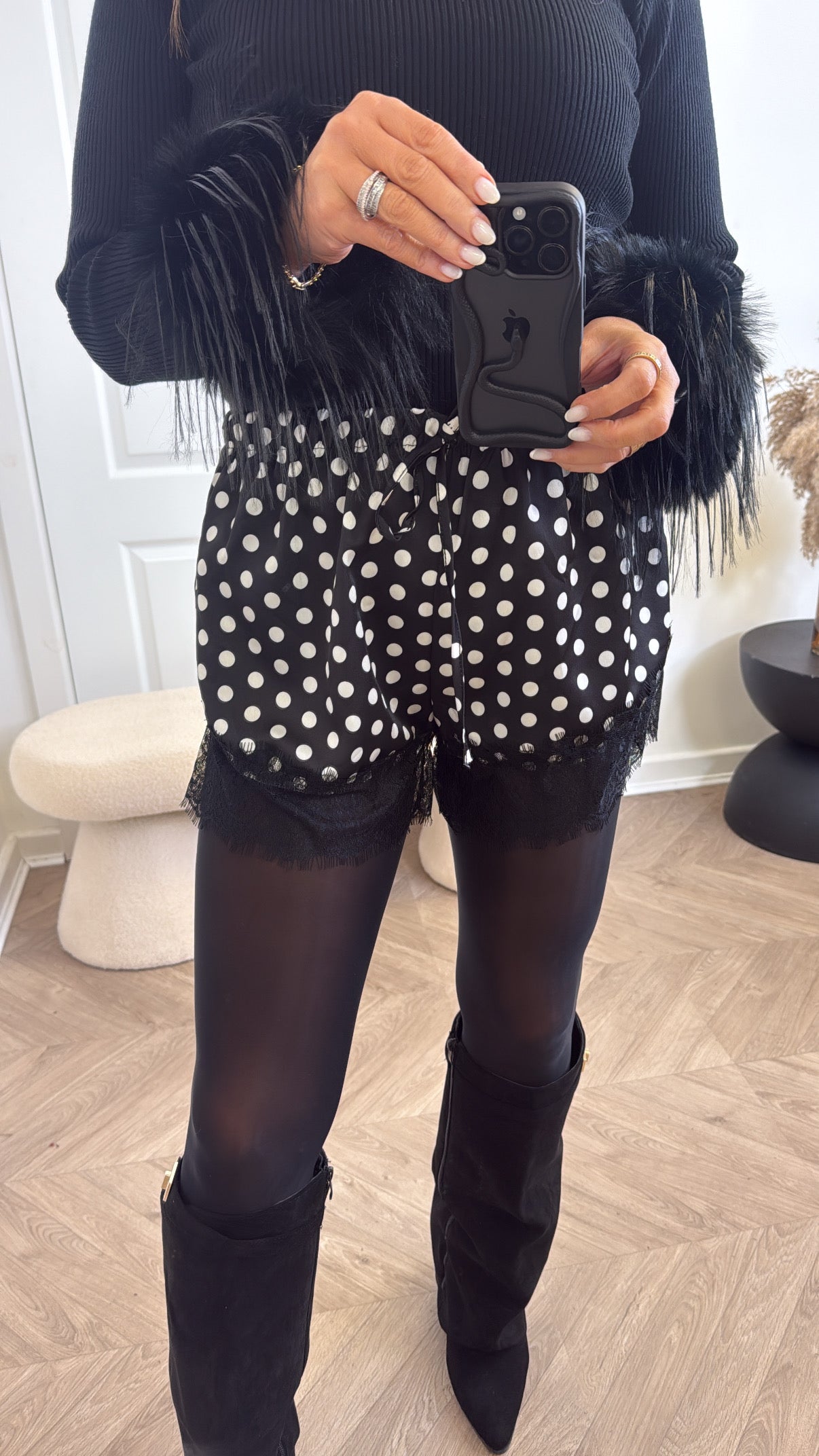 JENNA black polka dot print satin lace trim shorts