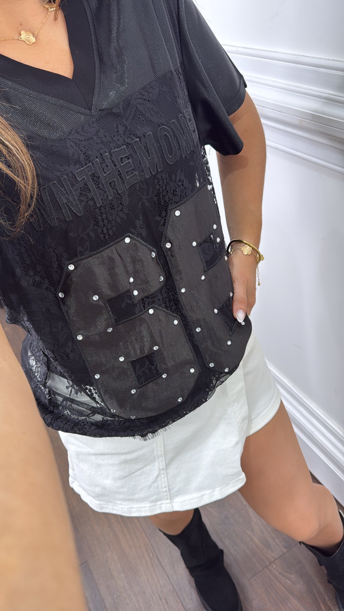 OWN THE MOMENT black lace basketball top