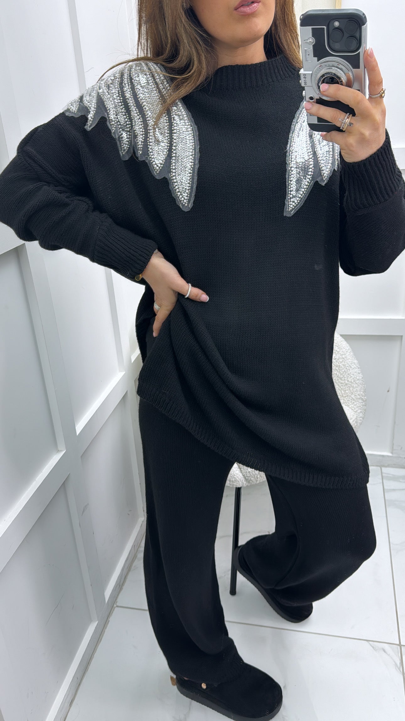 OLIVIA black chunky knit embellished lounge set